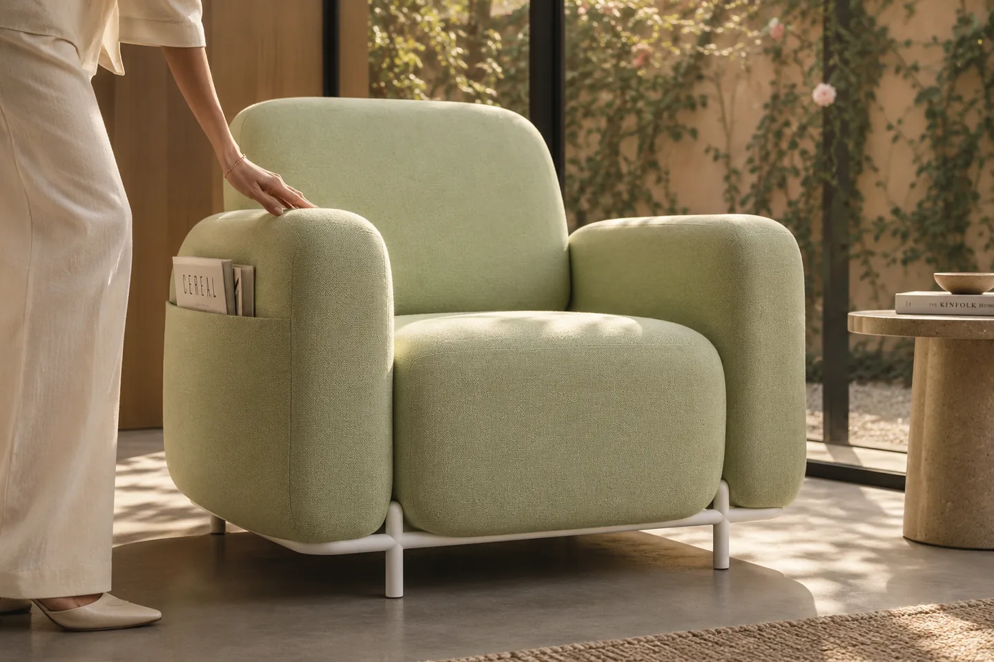 Sage green lounge armchair with a magazine pocket beside a planted courtyard window
