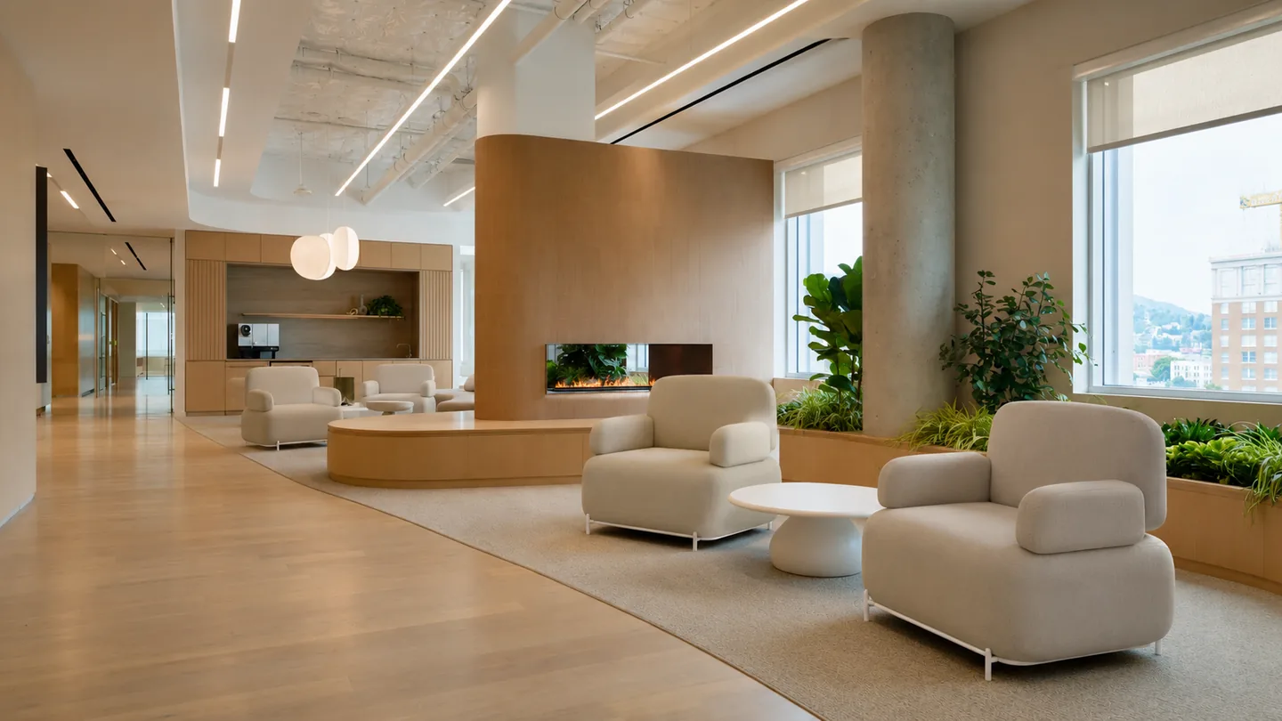 Reception lounge with cream armchairs and planting beneath a curved timber ceiling