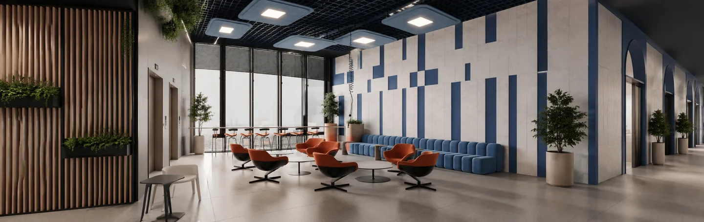 Breakout lounge with rust swivel chairs against a blue and white acoustic panel wall