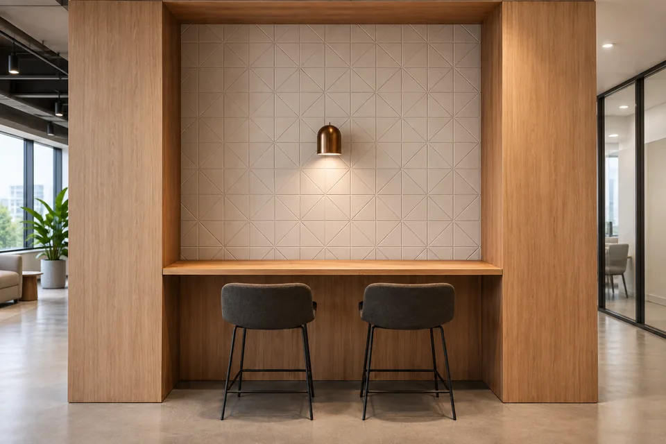 Timber focus booth with a beige acoustic tile wall, copper wall light and two stools